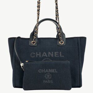 Chanel Small Deauville Black Canvas Logo Shopping Bag